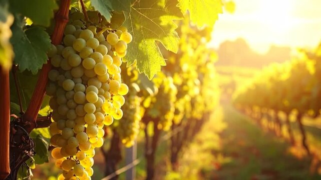 Ripe grapes hanging on the vine in a beautiful, sunlit agricultural field