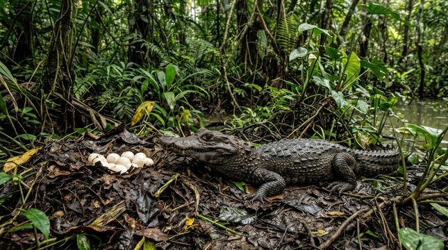 A small alligator with a clutch of eggs on a forest floor.