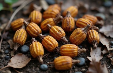Obraz premium Small orange wattle seed pods lay on forest ground with dry leaves and pebbles. Tiny ribbed seed casings cluster on dark soil, showing natural detail. Autumn season botanical macro subject.