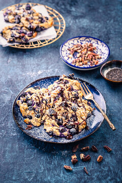 Low carb sweet pancakes made from chia seeds and cream cheese with blueberries