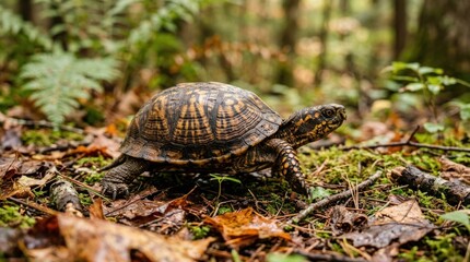 Obraz premium A small, brown turtle with orange stripes on its shell, walking on a bed of leaves in a forested area.