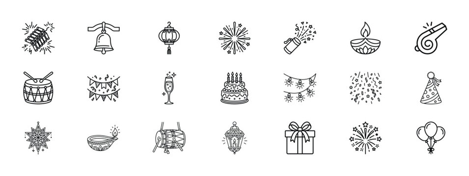 Minimalist celebration line icons set, 21 party and festival vector elements, black thin stroke holiday symbols for event planning and birthday design