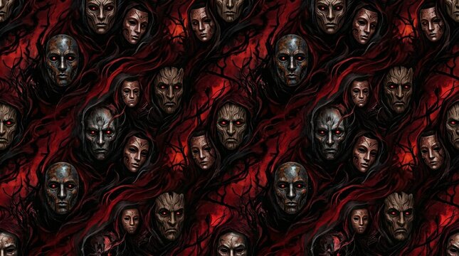 Dark eerie masks with glowing red eyes and flowing dark red fabric horror illustration pattern