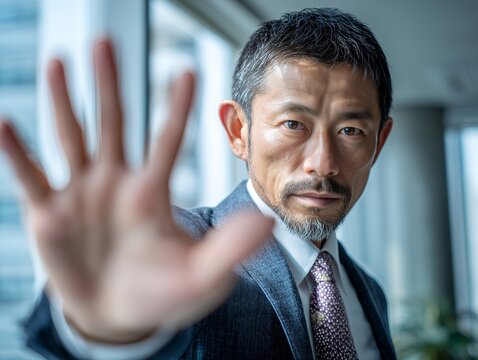 制止の手を前に出す中年ビジネスマンが危険回避と注意喚起を伝える真剣な表情のイメージ写真