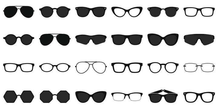 Group of different eyeglasses and sunglasses isolated on white. Collection of optical accessories featuring various frame designs and lens colors.