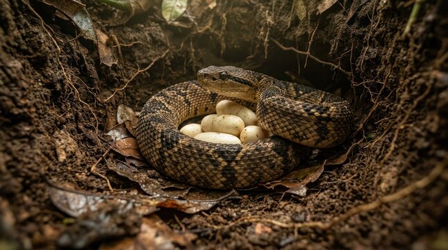 A snake coiled around a nest with eggs inside, nestled in a hole in the ground.