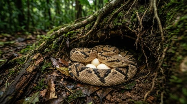 A snake curled up in a tree with eggs.