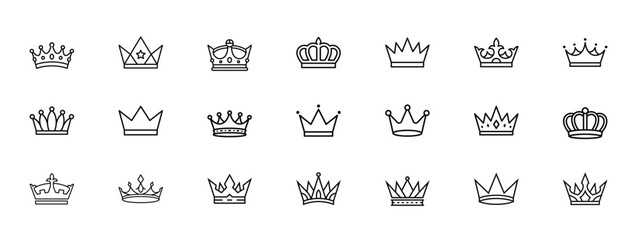 Minimalist crown line icons set, 21 royal tiara and king headwear vector symbols, elegant black outline jewelry graphics for branding and logo design © Habib