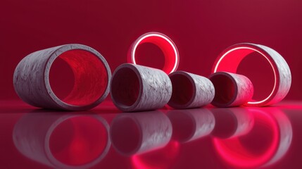 Fototapeta premium Abstract composition featuring cylindrical forms, illuminated with vibrant red neon glow. Reflective surface creates dramatic visual effect.