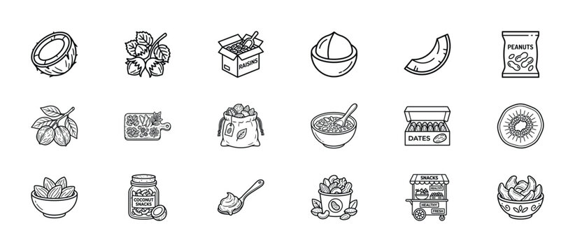 Minimalist nut and seed line icons set, 18 organic snack food vector symbols, healthy superfood ingredients for packaging design and menu graphics