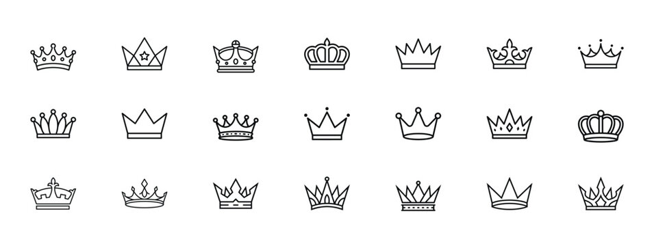 Minimalist crown line icons set, 21 royal tiara and king headwear vector symbols, elegant black outline jewelry graphics for branding and logo design