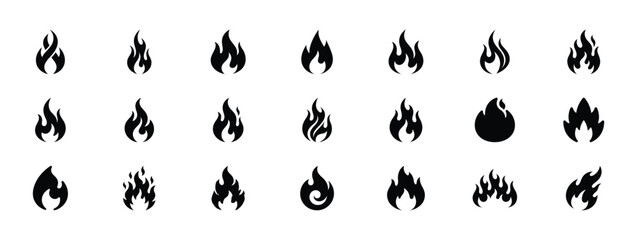 Black fire flame icons set, 21 minimalist bonfire and blaze silhouettes, flat vector fire symbols for logo design and warning signs © Habib