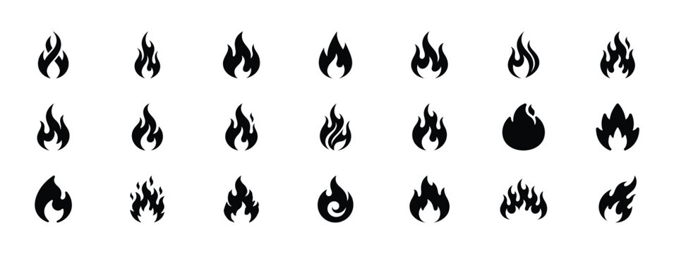 Black fire flame icons set, 21 minimalist bonfire and blaze silhouettes, flat vector fire symbols for logo design and warning signs