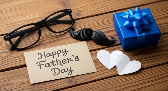 Fathers Day gift setup with glasses, gift box and paper hearts on wooden table