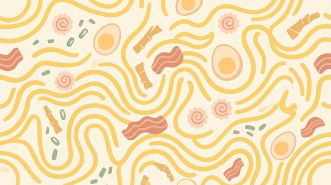 Cute Ramen Noodle Bowl Pattern with Egg Bacon and Narutomaki Flat Design