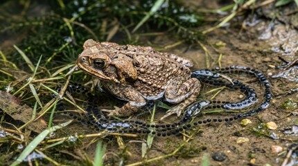 Fototapeta premium A toad with a long tail in a muddy water body with grass and plants.