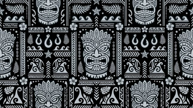 Black and white Polynesian tiki mask tribal pattern with tropical leaves and waves