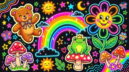 Fototapeta premium Cute neon glowing cartoon teddy bear frog mushrooms and flower with rainbow on black background
