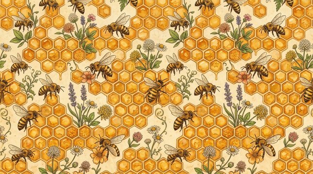 Vintage illustration of bees on honeycomb with wildflowers detailed pattern design