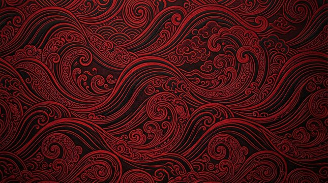 Red and Black Oriental Wave Pattern Intricate Swirls and Clouds Seamless Texture Background