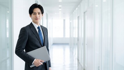 Fototapeta premium 白を基調としたモダンなオフィス空間でノートパソコンを持ちながら立つ若手ビジネス男性。広いコピースペースと洗練された構図が、企業広告、採用ページ、営業資料、働き方、信頼性、スマートなビジネスシーンを表現するスタイリッシュな人物写真