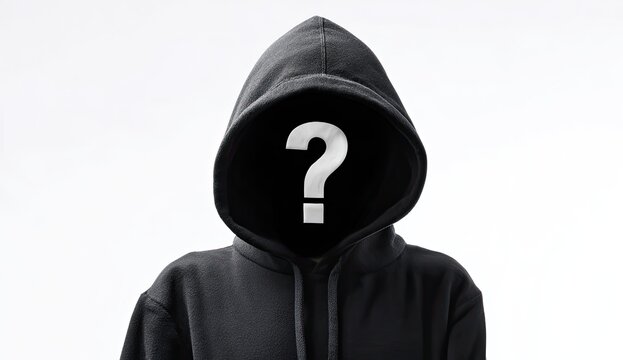 Hooded figure with question mark obscuring face, mystery, anonymity, unknown identity