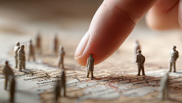 A large finger hovers over a small figure on a map, with others scattered around