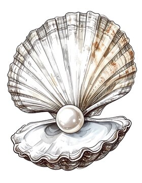 A pearl nestled in an open white and brown scallop shell