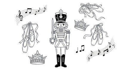 Nutcracker Ballet Elements: Soldier, Ballet Slippers, Crowns, and Musical Notes © albab