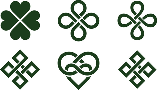 Green four leaf clover and infinity loop knot icon set vector illustration with decorative Celtic heart abstract geometric symbols