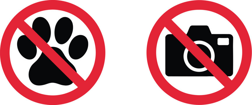 No pets and no photography restriction sign vector illustration set featuring black paw print and camera symbols with red circles