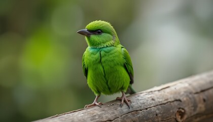 Fototapeta premium Close-up shot of a vibrant green bird perched on wood in a minimal outdoor setting