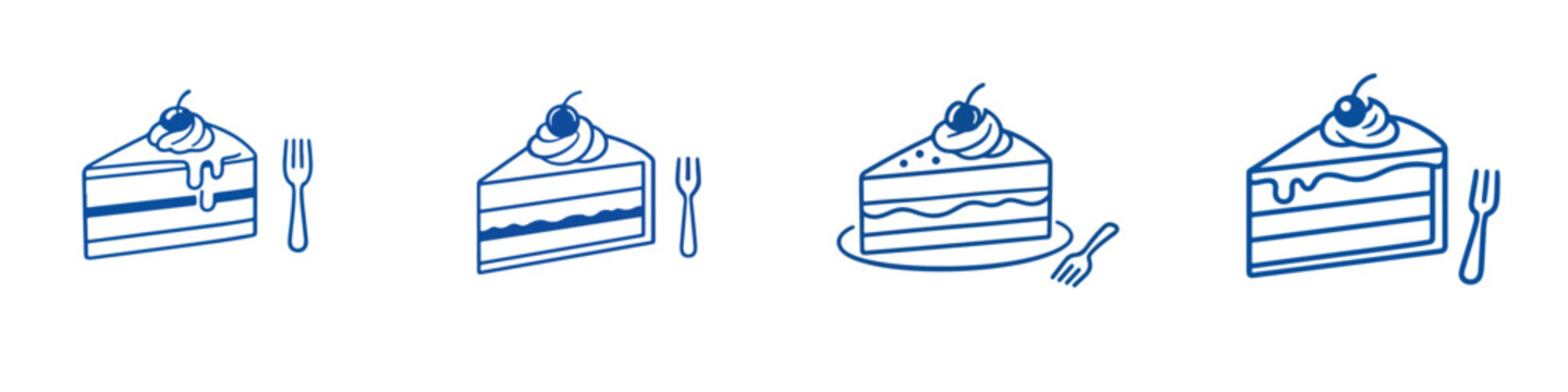Vector line art dessert cake slice with small fork. Vector, illustration, minimalist, icon, icon set, line art