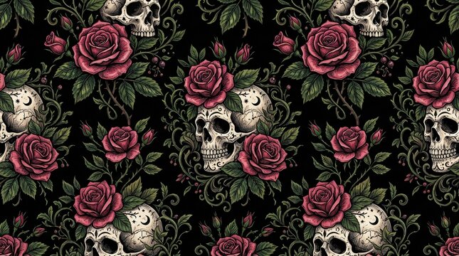 Vintage skull with roses and vines seamless pattern gothic macabre floral illustration