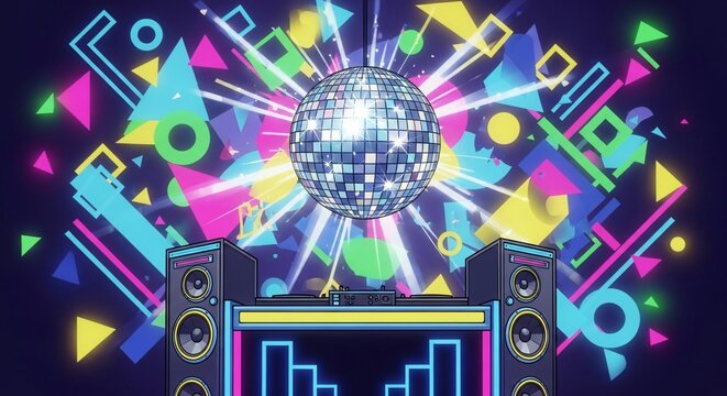 Disco ball light show party graphic with DJ speakers and abstract geometric background