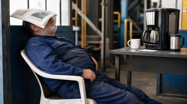 Exhausted blue collar worker sleeping in chair during lunch break