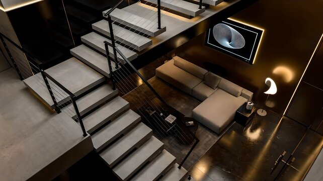 Living Room Modern Minimalist Stair with floating concrete stairs, black steel cable railing, modular sofa, minimalist floor lamp, and digital art frame, dramatic rim lighting