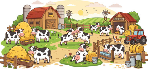 Naklejka premium Cartoon Dairy Farm Landscape with Happy Cows, Barns, Tractor, Hay Bales, Windmills, and Rural Agricultural Countryside Animal Illustration