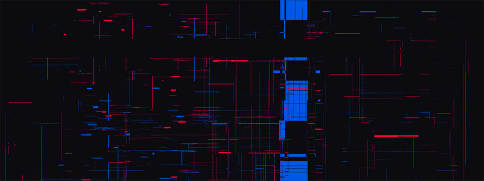 Vhs screen pattern with pixel noise glitch effect overlay. Cctv blue bg texture with neon line on black background. Code distortion for hacker technology graphic. Cyber filter for monitor with lag