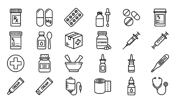 Pharmacy medicine icon set with pill bottle capsules blister pack and medical dropper vector symbols