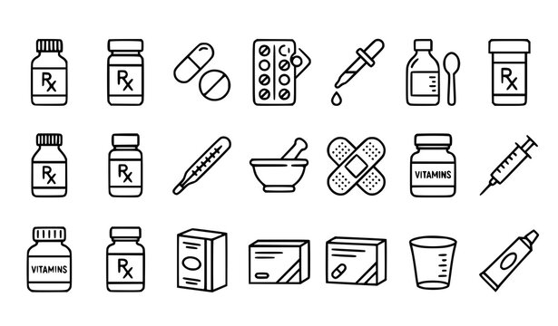 Modern pharmacy medicine vector icons with pill bottles capsules droppers and blister packaging