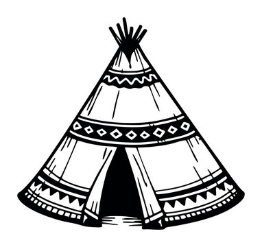 Teepee dwelling with traditional patterns. Representing Native American heritage, indigenous culture, and historical housing