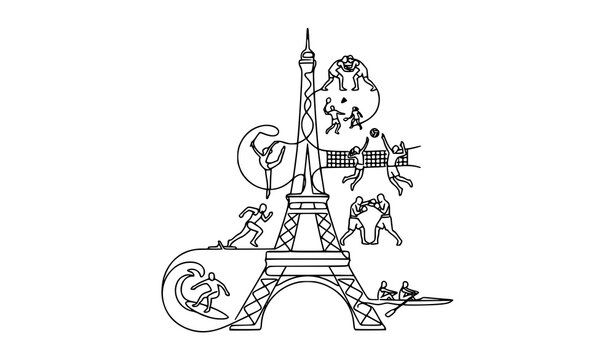 Continuous line Paris Olympics sports vector with Eiffel Tower and minimalist athletic icon design