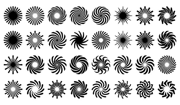 Black circular sunburst and rotating ray vector pack with abstract swirl stars and radial ornaments