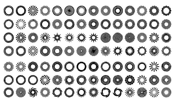Abstract black rotating sunburst vector collection with spiral circles radial beams and motion swirl elements