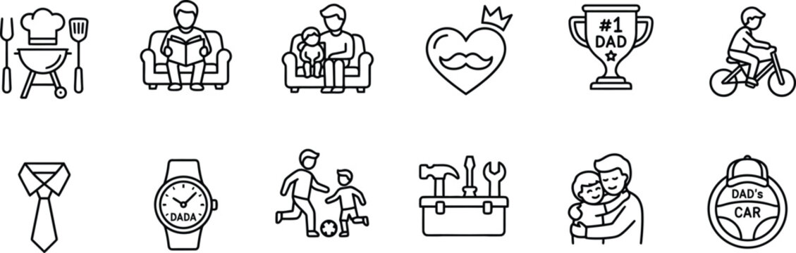 Father's day icons set celebrating dad with bbq relaxation family time and hobbies illustrations