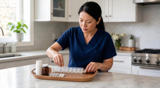 Asian nurse organizing medication into a weekly pill organizer