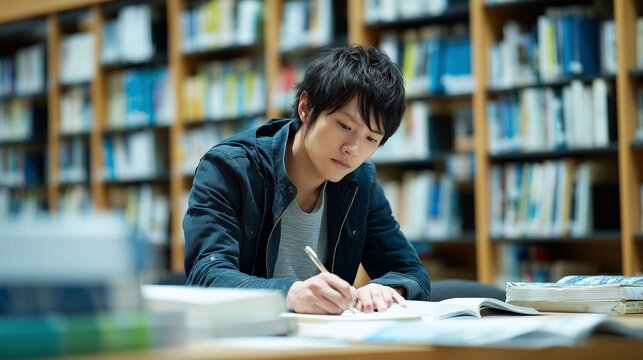図書館の学習スペースでテスト勉強・資格試験の合格に向けて勉強に励む男性