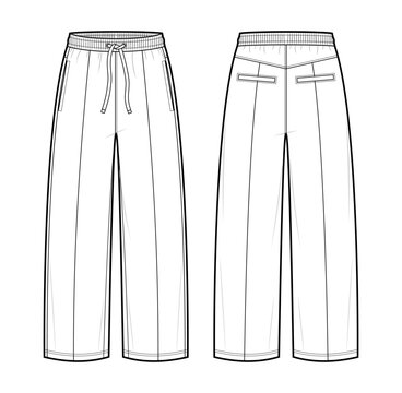 Classic Straight-Leg loungewear Pants Fashion Illustration. Unisex sweatpants Vector Template. Front and Back View. Elastic Waist Drawstring. Panelled Construction. Integrated Welt Pockets. Flats Set