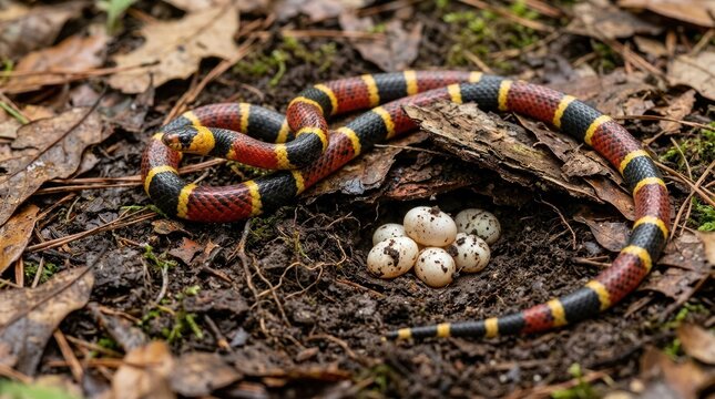 A coral snake coiled around a clutch of eggs on the forest floor.
